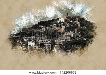Capdepera castle on green hill in Mallorca island, Spain. Vintage painting, background illustration, beautiful picture, travel texture
