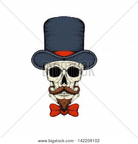 human skull in a hat with a mustache vector illustration isolated