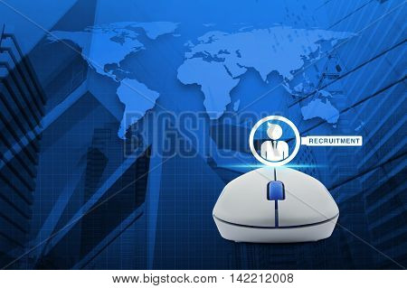 Wireless computer mouse with businessman and magnifying glass icon over map and city tower Recruitment concept Elements of this image furnished by NASA