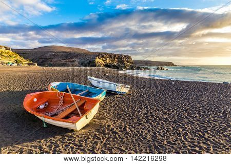 Boats During Sunset On The Ajuy Beach - Ajuy Fuerteventura Canary Islands Spain Europe