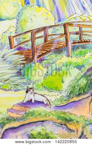 Original painting of a tabby and white cat lying down in a garden with a bridge..