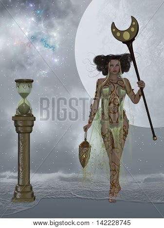 Sands of Time 3D Illustration - A sand hourglass and cosmic nebula represents endless time as ocean waves come into shore surrounding a beautiful woman.