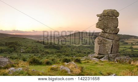 Bowerman's Nose, near Manaton, Dartmoor. View at sunset.