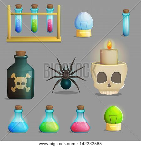 A collection of items for mad evil professor human experiment laboratory design. Test tubes, poison bottle, lab equipment, spider and other spooky elements for game and app design.