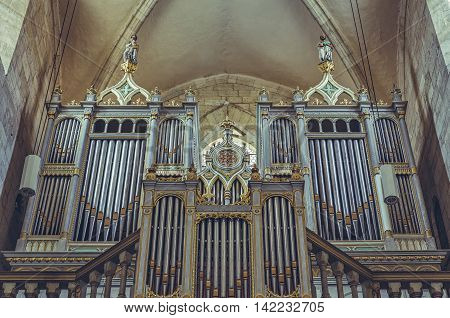 Alba Iulia Romania - July 24 2016: Neogothic organ of 2209 tubes built by Kolonics Istvan in 1877 in Saint Michael Cathedral the most important monument of Romanesque architecture in Transylvania.