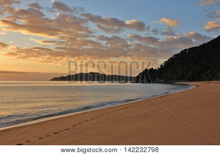 Morning scene in the Abel Tasman National Park New Zealand. Sunrise at Totaranui Beach.
