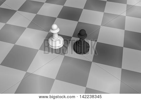 White And Black Pawn On A Noisy Chess Board black and white 3d illustration