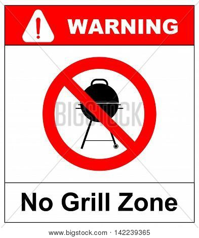 No grill zone symbol, No bbq allowed - ban sign. Vector warning banner for publc places, beaches, outdoors, parks, forestes. Exclamation point, general red prohibition circle isoolated on white.