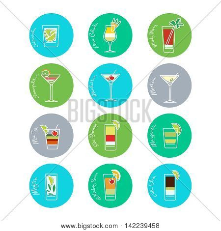 Flat drinks icons in curcles colorful set. Vector illustration