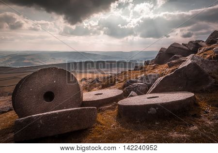 Millstones in the Peak District, England. Landscape.