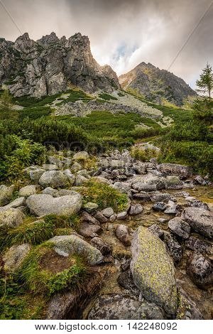 Mountain Landscape with a Creek and Rocks in Foreground on Cloudy Day. Mlynicka Valley High Tatra Slovakia.