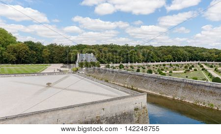 Royal medieval french castle and garden. Chenonceaux Loire Valley France Europe. Unesco heritage site. Built (1513-1521) as a pleasure palace during the Renaissance by several aristocratic women.