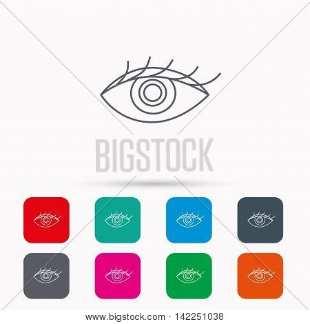Eye icon. Human vision sign. Ophthalmology symbol. Linear icons in squares on white background. Flat web symbols. Vector