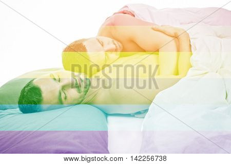 A homosexual couple onder a bed in studio white on studio.