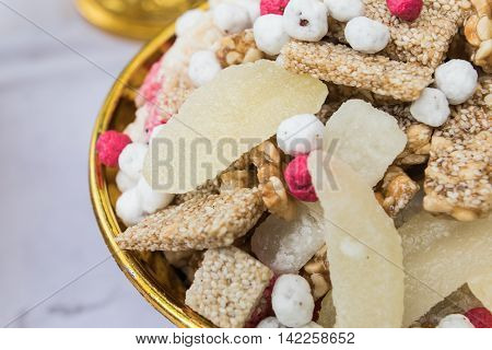 Candy comfit Chinese sweetmeat made of many ingredients