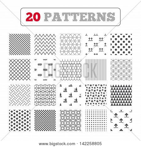 Ornament patterns, diagonal stripes and stars. Fragile icons. Delicate package delivery signs. This side up arrows symbol. Geometric textures. Vector