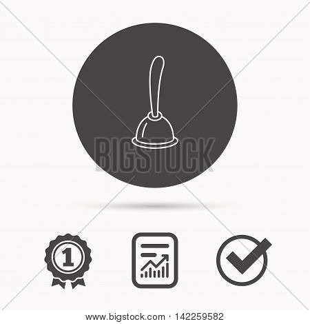 Plunger icon. Toilet cleaning tool sign. Report document, winner award and tick. Round circle button with icon. Vector