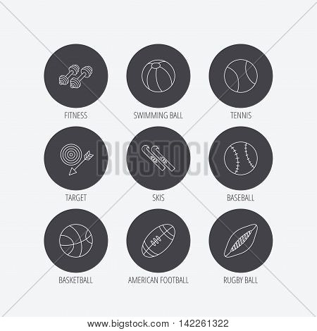 Sport fitness, tennis and basketball icons. Baseball, skis and American footbal signs. Rugby, swimming or pilates ball icons. Linear icons in circle buttons. Flat web symbols. Vector