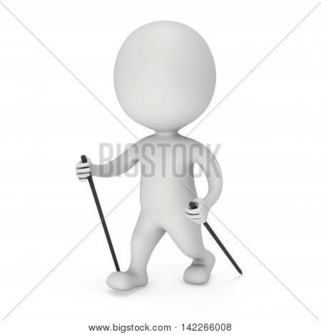 Nordic walking white blank man. 3d render illustration isolated on white background. Concept of helthcare and fitness small people.