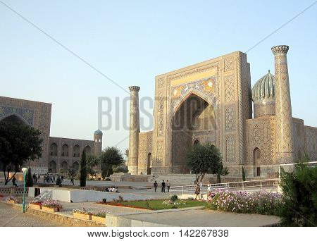 Samarkand Uzbekistan - September 19 2007: Sher-Dor Madrasah of Registan.