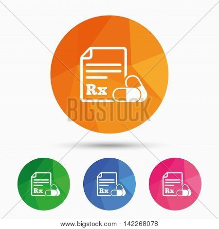 Medical prescription Rx sign icon. Pharmacy or medicine symbol. With two pills. Triangular low poly button with flat icon. Vector