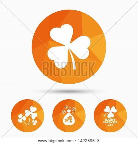 Saint Patrick day icons. Money bag with clover and coins sign. Trefoil shamrock clover. Symbol of good luck. Triangular low poly buttons with shadow. Vector
