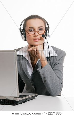 Young beautiful customer support on white background