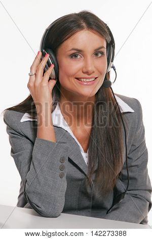 Young Beautiful customer support on white background