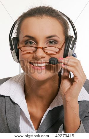 Young beautiful customer support on white background