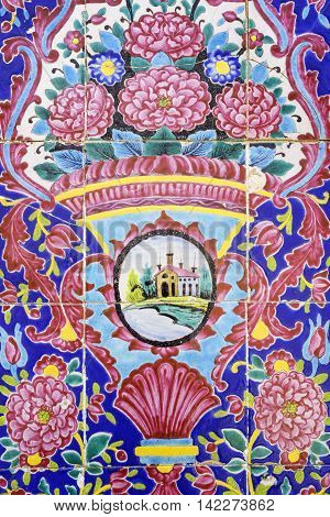 SHIRAZ IRAN - 3 MAY 2016: Detail of the tilework decoration close up in the Nasir al Molk or Pink Mosque in Shiraz Iran.