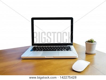 The computer is on the work table isolated white background with clipping path.