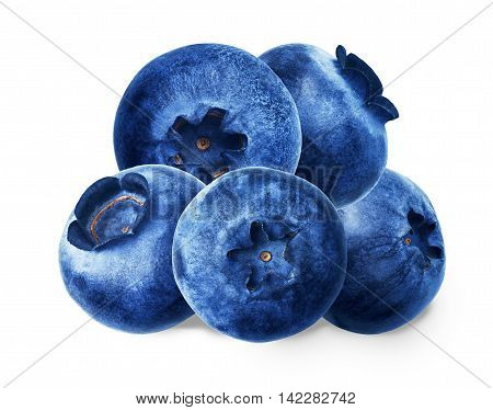 Juicy and fresh blueberries without green leaves on white background. Blue color blueberries close-up. Image of blueberries with high resolution. Whortleberry antioxidant. Useful hurtleberry for vision.