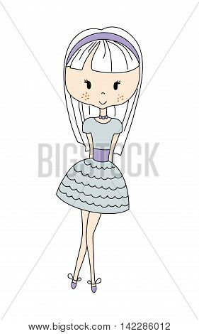 Illustration of a Cute and beauty Little Doll Girl with Flower. Design Dress
