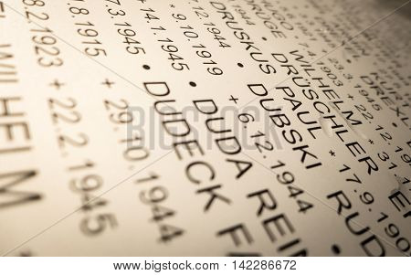 VAZEC SLOVAKIA - OCTOBER 30: Book of the dead from World war two on October 30 2015 in Vazec