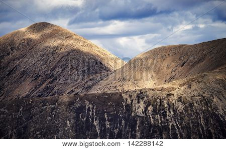 The Scottish Highlands. Detailed photo of the Cuillin mountains on a cloudy day - Isle of Skye, Scotland, UK