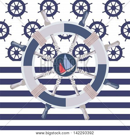 Ship steering wheal. Nautical wheel and striped background. Vector maritime theme
