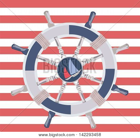 Ship steering wheal. Nautical wheel and striped background. Vector maritime theme