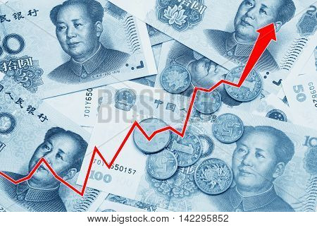 Graph illustrating the rise of the Chinese Yuan or RMB on the international market over a collage of Chinese money