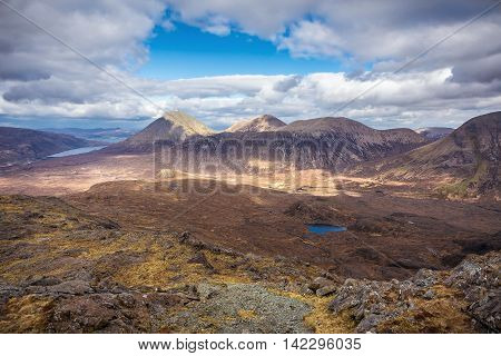 The mountains of Glamaig and River Sligachan on a beautiful spring day with clouds and blue sky - Isle of Skye, Scotland, UK