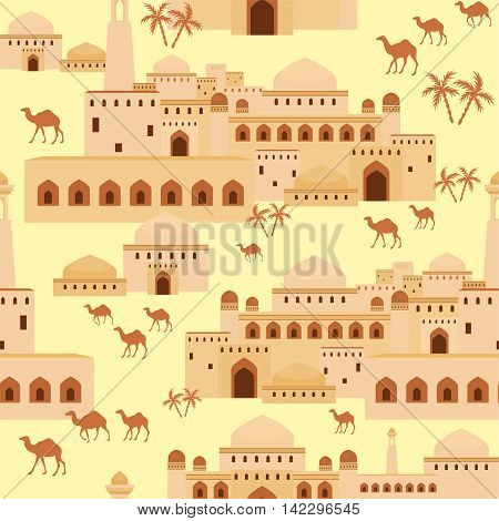 Islamic seamless pattern with the image of the ancient Middle Eastern city. A mirage in the desert.