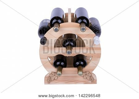 Wooden wine rack with wine bottles isolated on white