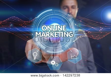 Business, Technology, Internet And Network Concept. Young Business Man Chooses The Virtual Screen: O