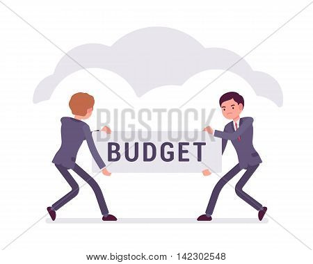 Two businessmen are pulling the budget to each other. Cartoon vector flat-style business concept illustration