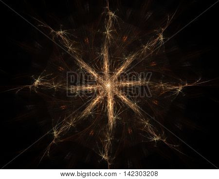 Particles of gold abstract fractal forms on the subject of nuclear physics science and graphic design. Geometry sacred futuristic quantum digital hologram texture in development wave surreal design.