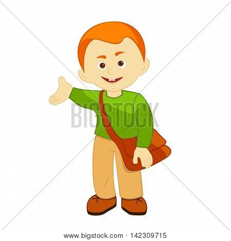 school-age boy with a bag over his shoulder, smiles, welcomes, vector illustration