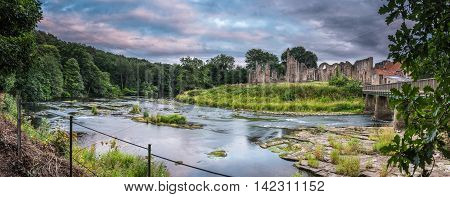 Panorama of River Wear and Finchale Priory, as it flows past the medieval ruin, in County Durham