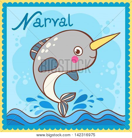 Illustrated alphabet letter N and narval. Vector picture with cartoon animals.