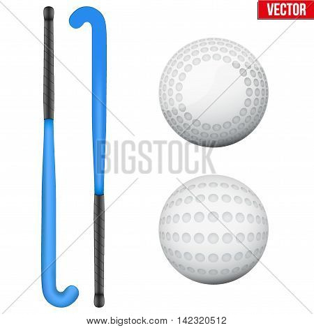 Two classic blue sticks and balls for field hockey. View from different sides. Sport Equipment. Editable Vector illustration Isolated on white background.