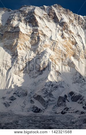 South face of Annapurna I from Annapurna Base Camp in morning light Annapurna Sanctuary Kaski District Nepal.