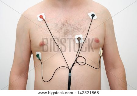 A man wearing a holter monitor device